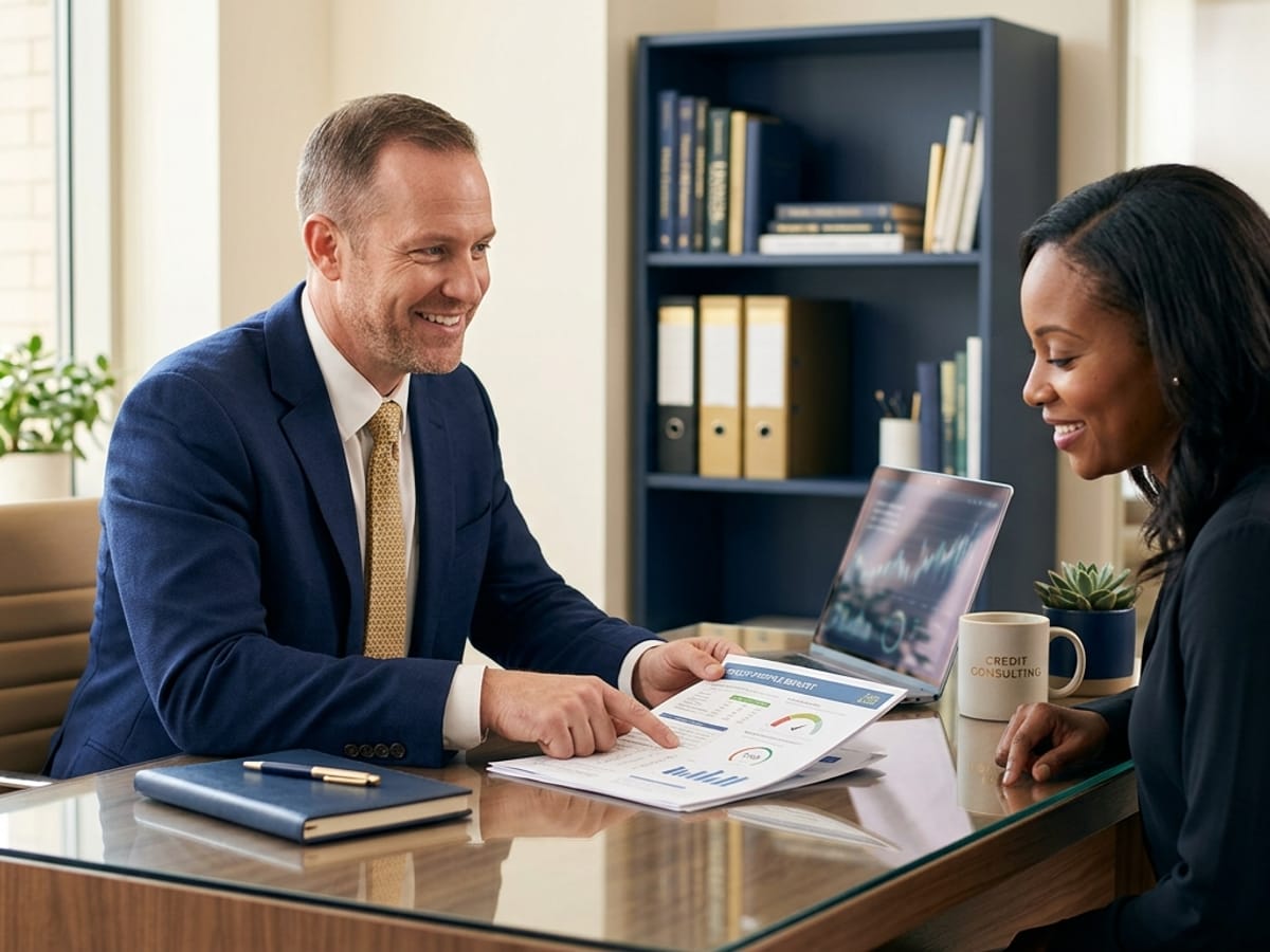 A professional credit consultant in a blue suit pointing to financial charts on a document while discussing them with a smiling client in a modern office.